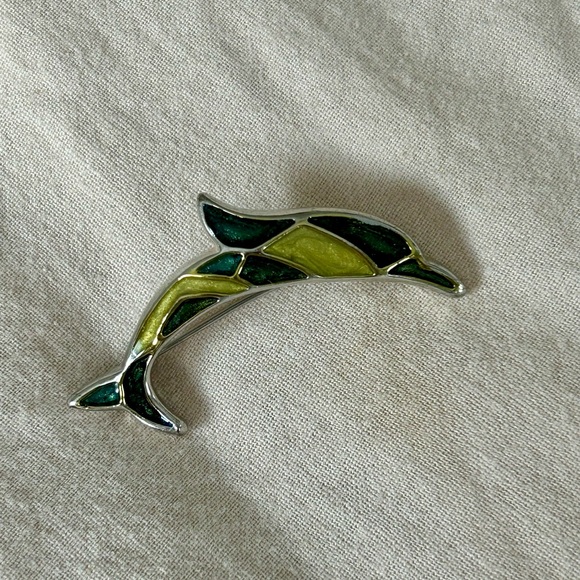 Vintage Jewelry - Vintage Green & Blue Dolphin Brooch